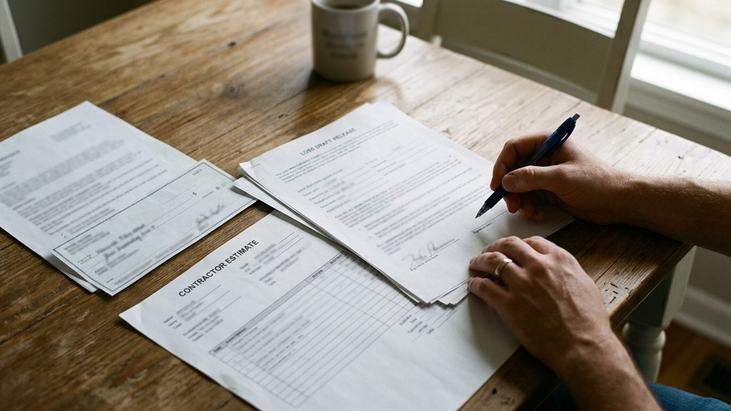 Kitchen table with a two-party insurance check, a mortgage loss draft release form, and a contractor estimate spread out for signing