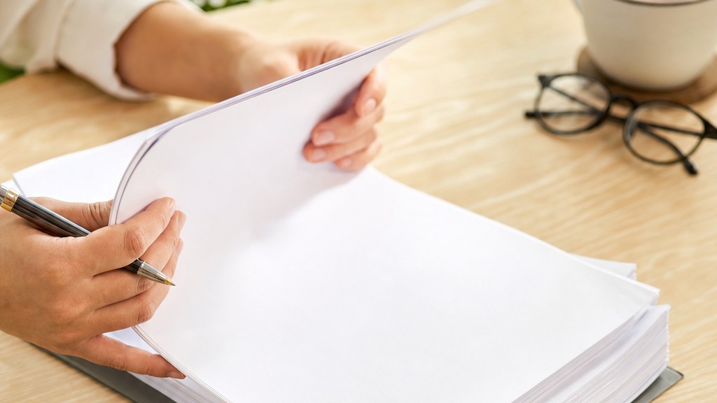 Person leafing through a thick stack of documents with a pen in hand