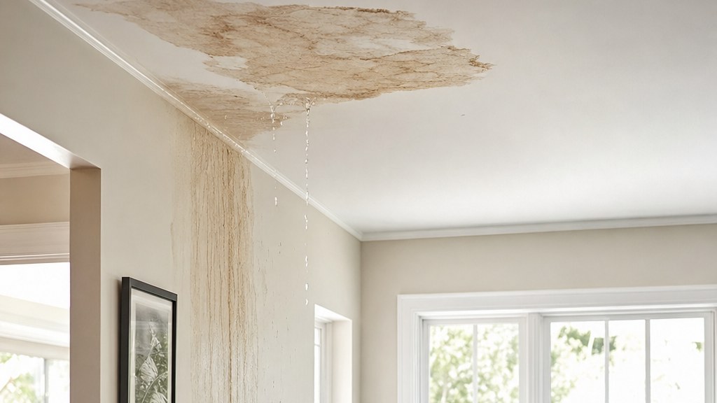 Water dripping from a stained ceiling and running down an interior wall in long streaks, damage spreading beyond the original leak