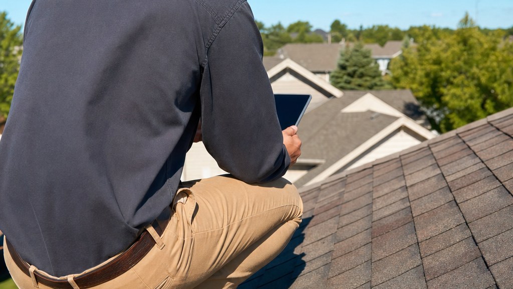 An adjuster in a cap crouched on a shingle roof slope, photographing the surface during a claim inspection