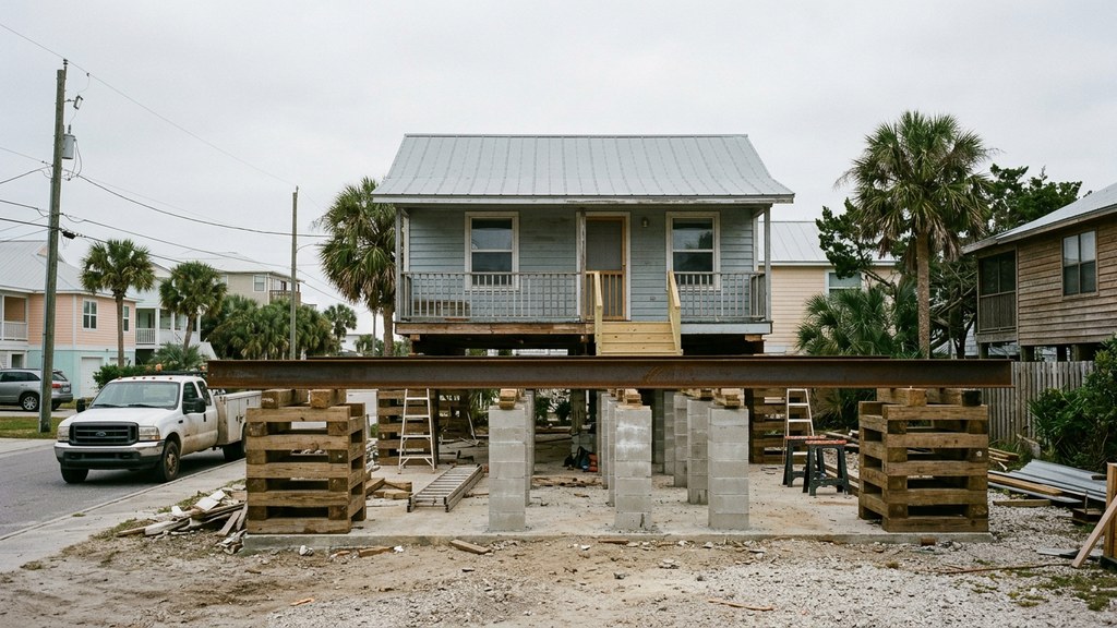 A single-family home raised on a new elevated foundation, cribbing and steel beams visible beneath it, in a coastal neighborhood