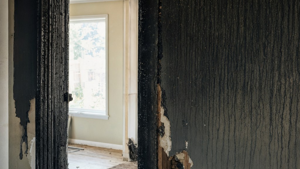 Charred interior doorway of a fire damaged home with soot streaking up the wall and daylight coming through behind it