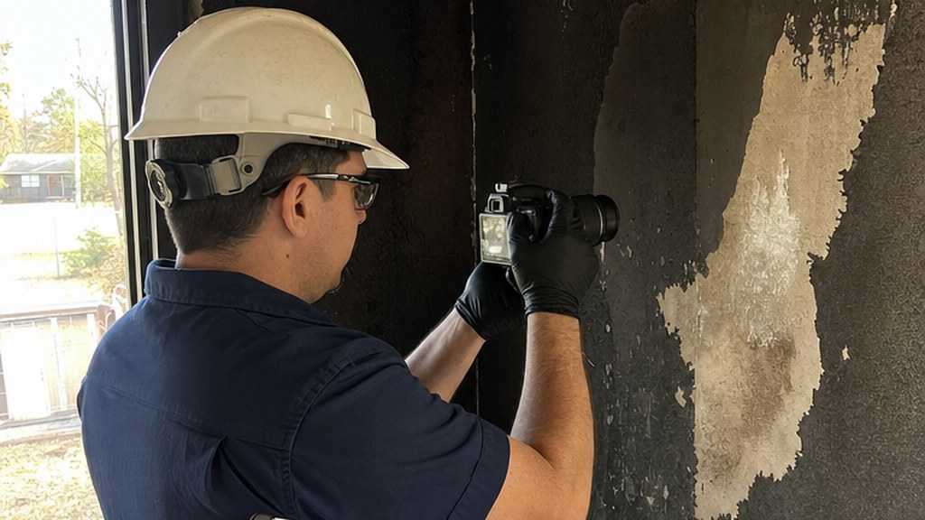 Adjuster in a hard hat and gloves photographing a soot blackened wall inside a fire damaged room
