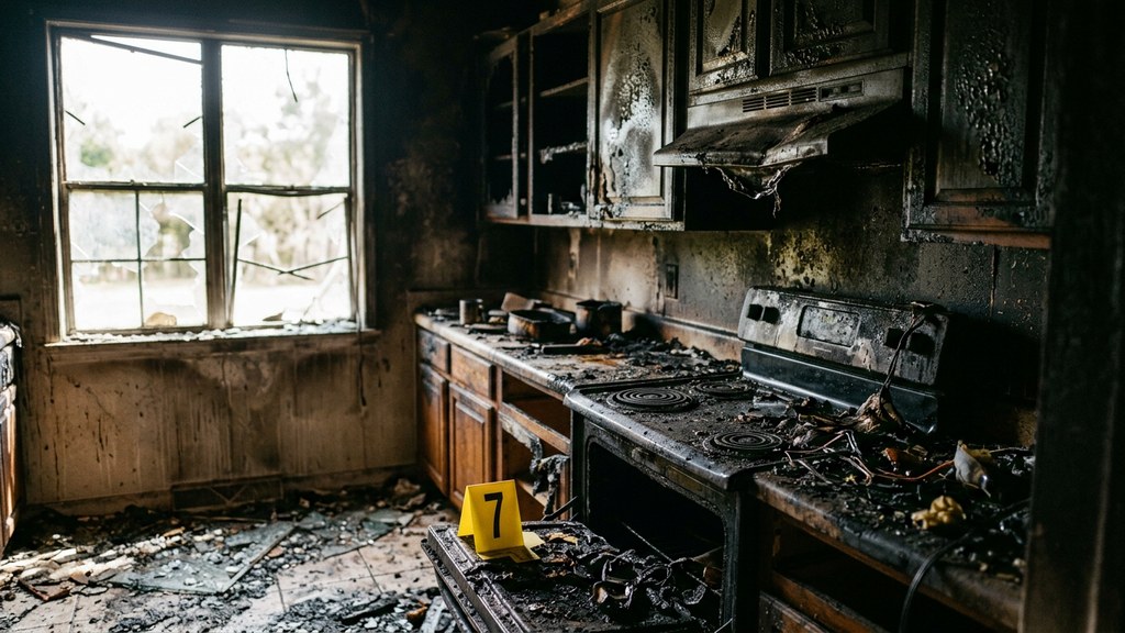 The charred interior of a home kitchen after a fire, with a fire investigator's evidence marker placed near a damaged appliance