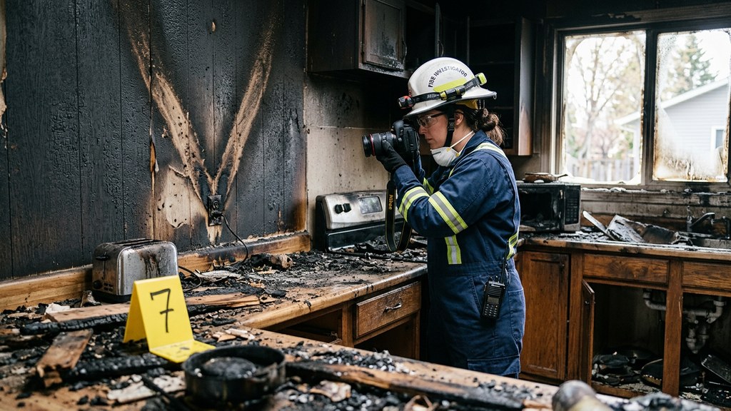 A fire investigator photographing burn patterns on a charred kitchen wall next to a numbered evidence marker