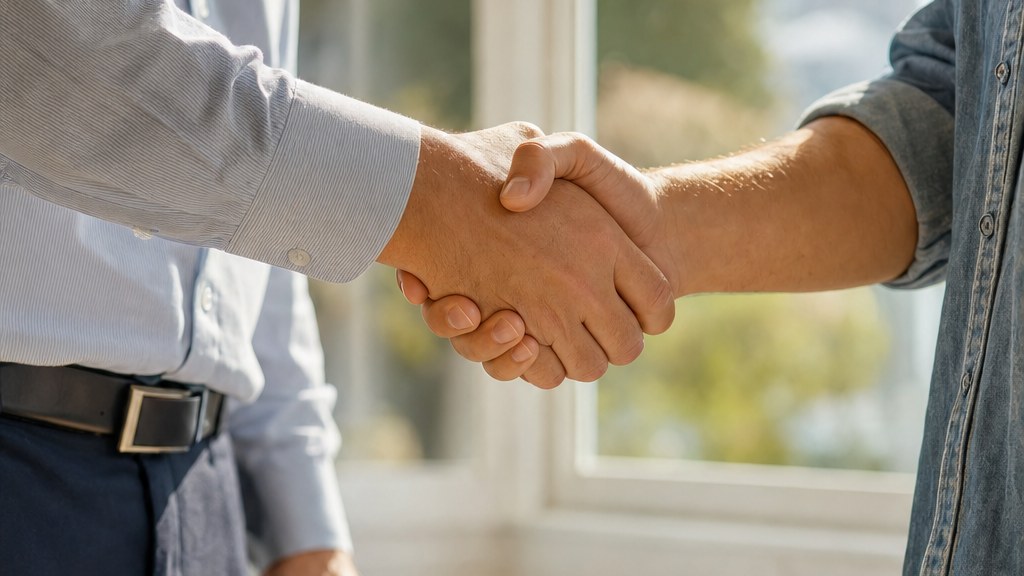 Two people shaking hands in a sunlit room, a document folder and house keys on the table beside them