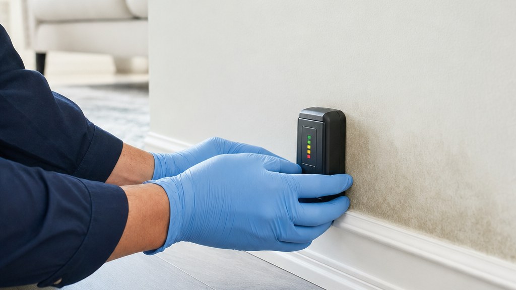 Gloved technician holding a moisture meter against a wall above the baseboard, where discoloration is starting to show
