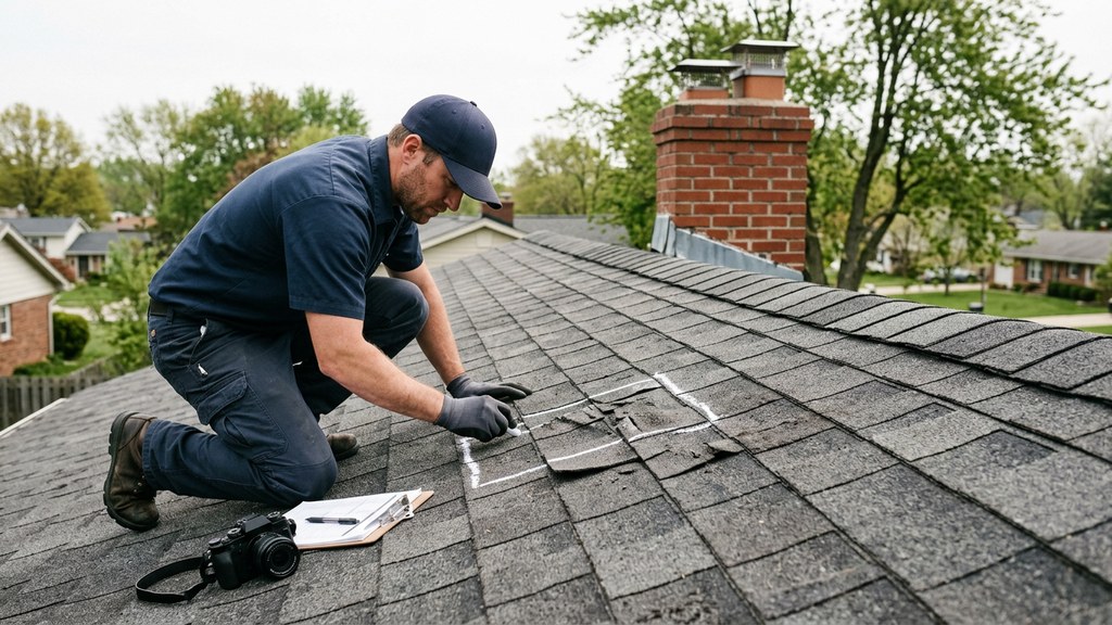 A roof inspector on a residential shingle roof marking a chalked test square around wind-creased shingles