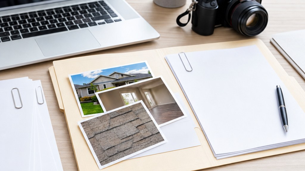 Claim file folder holding photos of a house, an empty interior, and damaged shingles, next to a camera and laptop