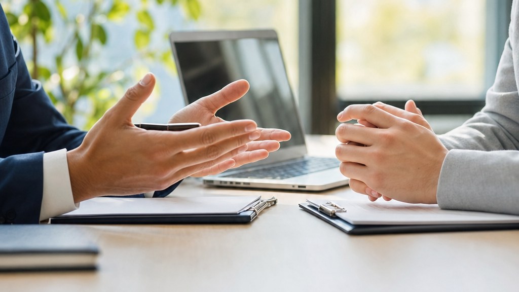 Two people across a table with clipboards and a laptop, one gesturing while discussing paperwork
