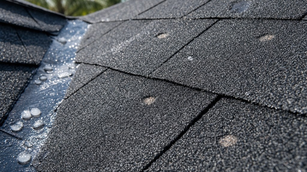 Close-up of hail impact marks on dark asphalt shingles, with hailstones and rain water collected in the roof valley