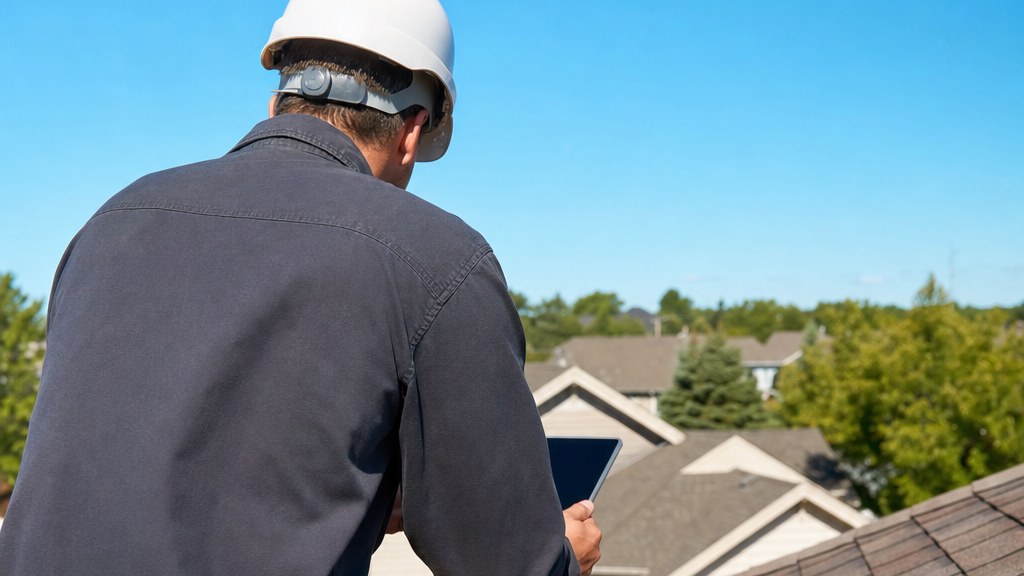 An adjuster in a white hard hat crouched on an asphalt shingle roof with a tablet, neighboring rooftops in the background