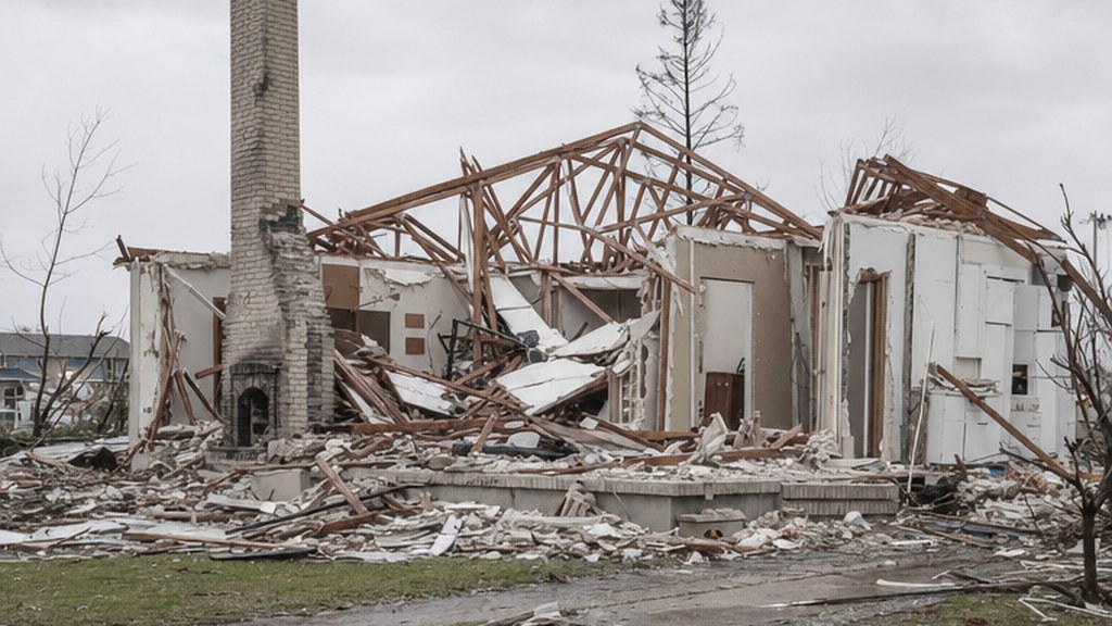 Destroyed single family home with collapsed roof framing standing against an overcast sky
