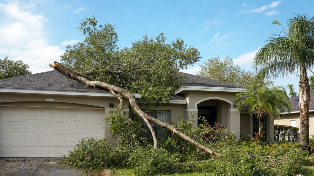 Fallen tree lying across the roof of a Florida single family home, branches and debris scattered across the driveway and lawn