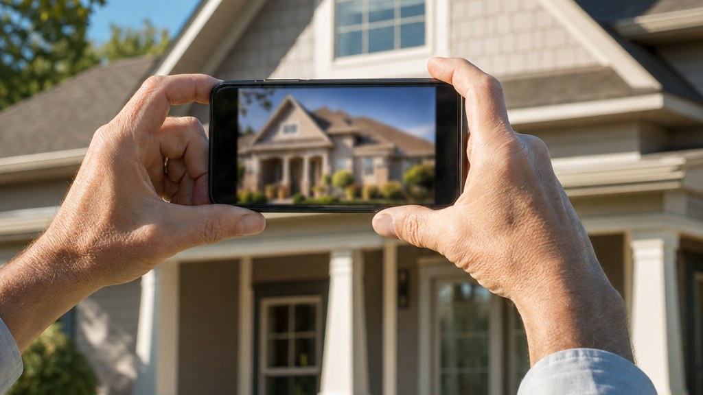 Homeowner photographing the front of their house with a phone, documenting its pre-storm condition
