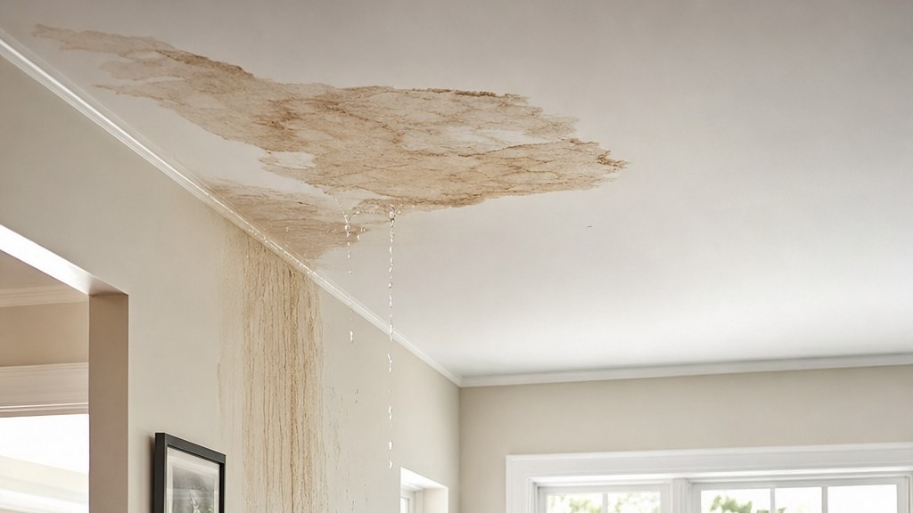Water stain spreading across a living room ceiling and streaking down the wall below it