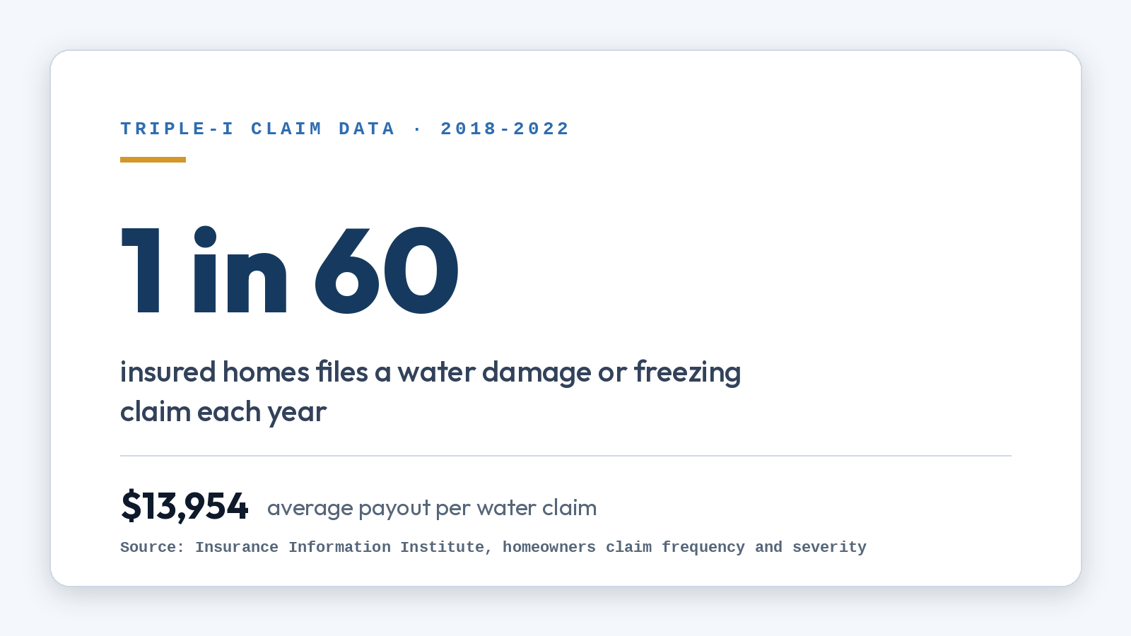 Stat card: 1 in 60 insured homes files a water damage or freezing claim each year, with an average payout of $13,954 per claim (Insurance Information Institute, 2018-2022)